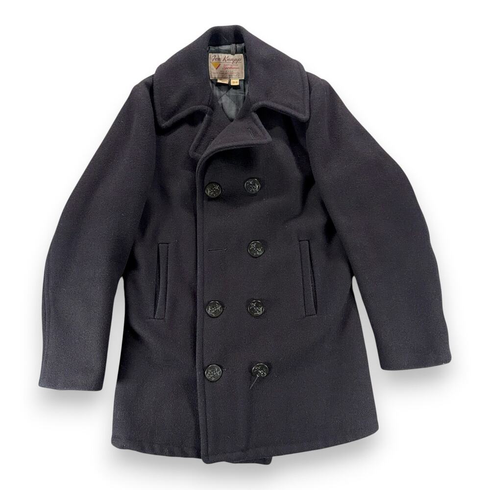 Vintage Fox Knapp Coat Adult SMALL Black Wool Peacoat Anchor Button USA 60s